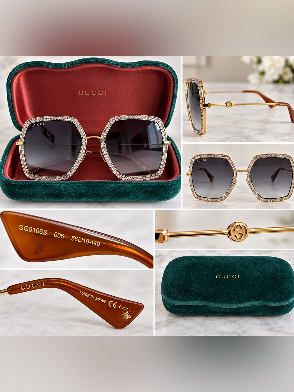 Authentic Gucci Oversized Glitter-Trimmed Hexagon Sunglasses